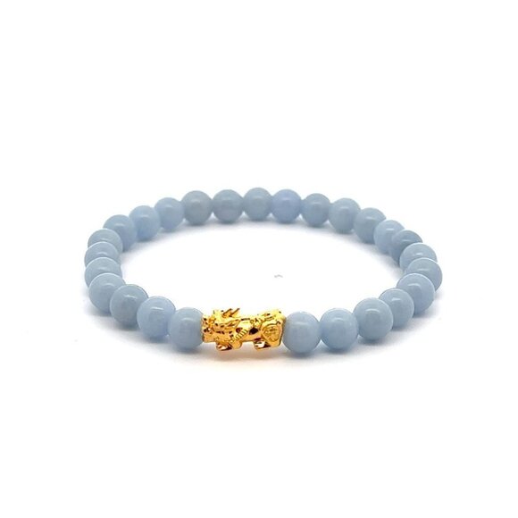 18K Gold Piyao Pixiu Dragon Lucky Charm Bracelet Gemstones Angelite 6mm - Picture 1 of 5
